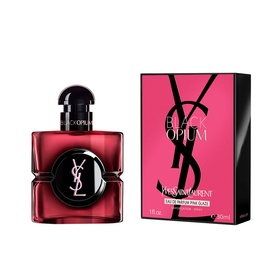 YSL Black Opium Pink Glaze Eau De Parfum 30ml bottle with black cap beside hot pink and black branded box