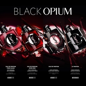 YSL Black Opium Pink Glaze Eau De Parfum shown alongside three other Black Opium flankers in a dark, moody campaign flat lay