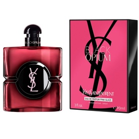 YSL Black Opium Pink Glaze Eau De Parfum 90ml bottle with hot pink box, featuring black spherical cap and gold YSL logo