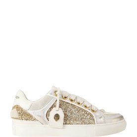 Kurt Geiger London sneaker in multi, gold glitter panels with metallic silver leather, lace-up fastening and charm detail on white sole