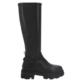Kurt Geiger London black leather knee-high boots with chunky lugged sole and pull-tab detail at heel