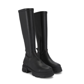 Kurt Geiger London black leather knee-high boots with chunky platform sole and block heel, side zip fastening