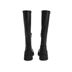 Kurt Geiger London black knee-high boots, rear view showing buckle detail and chunky black sole