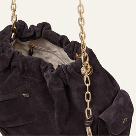 Bash purple suede bucket bag with ruched drawstring top, chunky gold chain strap and gold-tone hardware detail