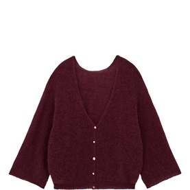 Bash burgundy knit cardigan with V-neckline, long sleeves, and gold-tone button fastening