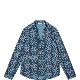 White Stuff navy multi floral print long-sleeve shirt with V-neckline and all-over blue daisy pattern