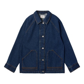 White Stuff mid denim jacket with contrast topstitching, two front patch pockets, point collar, and button-front fastening