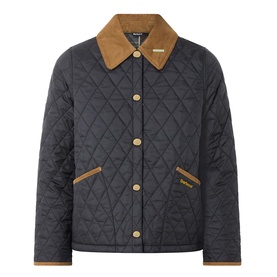 Barbour black quilted jacket with tan corduroy collar, gold-tone buttons, and contrast trim pockets