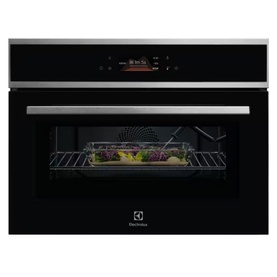 Electrolux 800 MealAssist CombiQuick Microwave and Built-in Oven in black, with glass door, wire rack, and touch control panel.