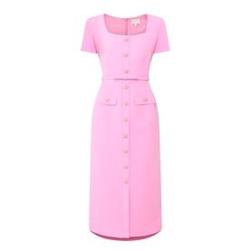 FeeG Felicity Belted Pencil Dress in pink, square neck, short sleeves, gold marbleised buttons, faux flap pockets, midi length
