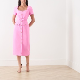 Model wearing FeeG Felicity Belted Pencil Dress in pink, midi length, square neck, short sleeves, button detail, styled with nude heeled sandals