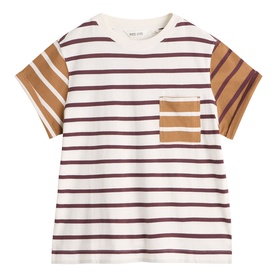 White Stuff striped T-shirt in ivory multi, short sleeves with contrast caramel and burgundy stripe panels, chest patch pocket.