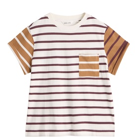 White Stuff striped T-shirt in ivory multi, short sleeves with contrast caramel and burgundy stripe panels, chest patch pocket.
