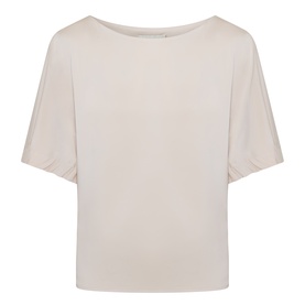 FeeG champagne top with bateau neckline, short flutter sleeves and relaxed fit, in 100% polyester