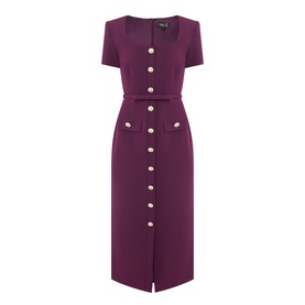 FeeG plum midi dress with short sleeves, square neckline, gold button-through front, and belted waist
