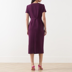 Model wearing FeeG plum midi dress with short sleeves and belted waist, shown from back, styled with pink heels