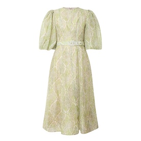 FeeG Green Print midi dress with puff sleeves, embellished belt, and A-line skirt in jacquard-style fabric