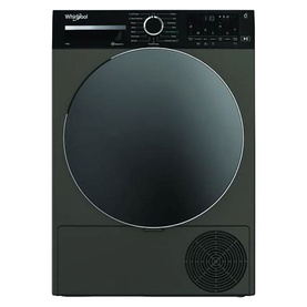 Whirlpool freestanding tumble dryer in dark graphite with large black door, digital controls, and circular vent on front panel