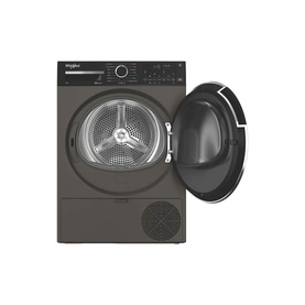 Whirlpool tumble dryer in graphite grey with open door revealing drum interior, front-loading design with black control panel