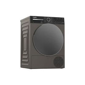 Whirlpool freestanding tumble dryer in dark graphite with large circular door, digital control panel, and top dial controls