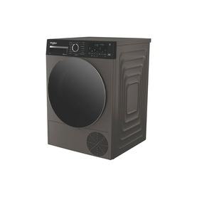 Whirlpool freestanding tumble dryer in dark graphite with large circular door, digital display panel and top control dial, angled view