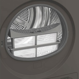 Close-up of a graphite washing machine drum interior showing open door, stainless steel barrel and door seal detail.