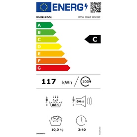 Whirlpool WDH 10W7 MG IRE energy label, rated C, 117 kWh, 10kg capacity, 64dB noise, 3h40 cycle time