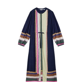 White Stuff navy maxi dress with multicolour stripe trim, contrast front panel, tie waist, and balloon sleeves