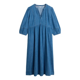 White Stuff mid denim blue chambray midi dress with V-neckline, puff sleeves, and gathered skirt