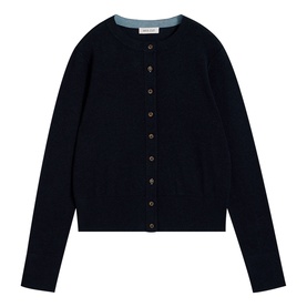 White Stuff dark navy button-through cardigan with round neck, contrast light blue collar trim and long sleeves