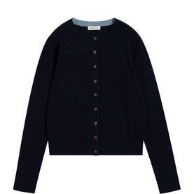 White Stuff dark navy button-through cardigan with round neck, contrast light blue collar trim and long sleeves