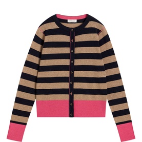 White Stuff navy multi stripe knit cardigan with pink contrast cuffs and hem, button-front, long sleeves
