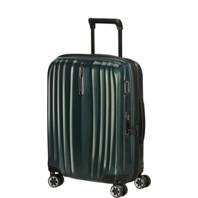 Samsonite hard-shell cabin suitcase in Deep Forest green with ribbed detailing, TSA lock, and black spinner wheels