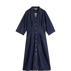 White Stuff dark denim midi shirt dress with collar, button-front fastening, pintuck bodice and elbow-length sleeves