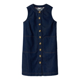 White Stuff dark denim sleeveless shift dress with gold button-through front placket and patch pockets