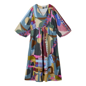 White Stuff midi dress in pink multicolour abstract print, V-neck, batwing sleeves, elasticated waist, relaxed fit