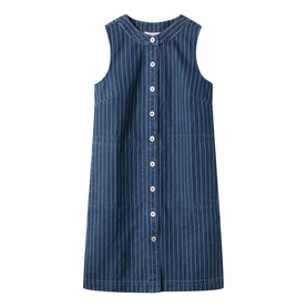 White Stuff sleeveless denim multi stripe button-through mini dress in denim blue with white pinstripes and chest pockets