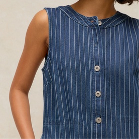 Model wearing White Stuff denim blue striped sleeveless dress with button-front detail and Peter Pan collar, denim multi colourway
