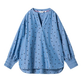 White Stuff blue multi polka dot blouse with V-neck, relaxed fit, and elasticated cuffs