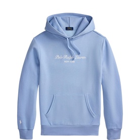 Ralph Lauren Chambray Blue pullover hoodie with embroidered script logo and kangaroo pocket