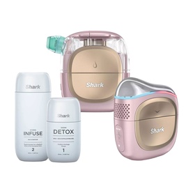 Shark hair care set including two gold and pink styling devices and two white Infuse and Detox treatment bottles