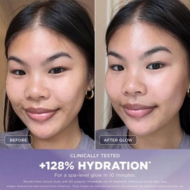 Before and after split showing model's skin, labelled Before and After Glow, demonstrating +128% hydration clinically tested result in 10 minutes