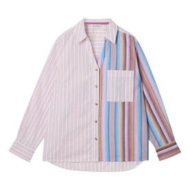 White Stuff pink multicolour striped colour-block long-sleeve shirt with chest patch pocket and button placket