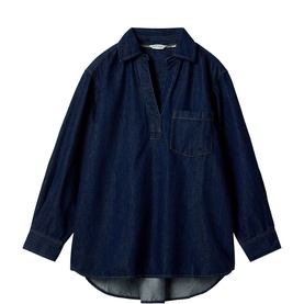 White Stuff dark denim oversized pullover shirt with V-neck, chest pocket, and curved hem