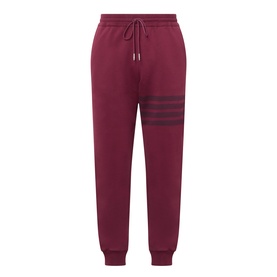 Thom Browne burgundy cotton sweatpants with four-bar stripe detail on thigh, elasticated waist with drawstring and ribbed cuffs