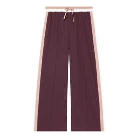 Mint Velvet red wide-leg trousers with pink side stripes, elasticated waist, and drawstring tie