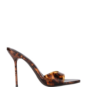 Steve Madden brown tortoiseshell stiletto heel mule with open toe and transparent strap, slim pointed heel
