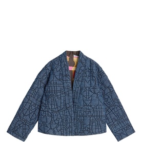 White Stuff blue multi quilted jacket with abstract print, collarless v-neckline and contrasting patterned lining