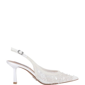 White mesh slingback pointed-toe heels with floral embellishments, silver buckle strap, and white kitten heel