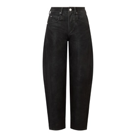 Isabel Marant Etoile black high-rise barrel-leg jeans with coated finish, five-pocket styling and tapered cropped hem